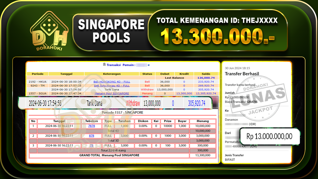 TOGEL SINGAPORE Rp.13.300.000