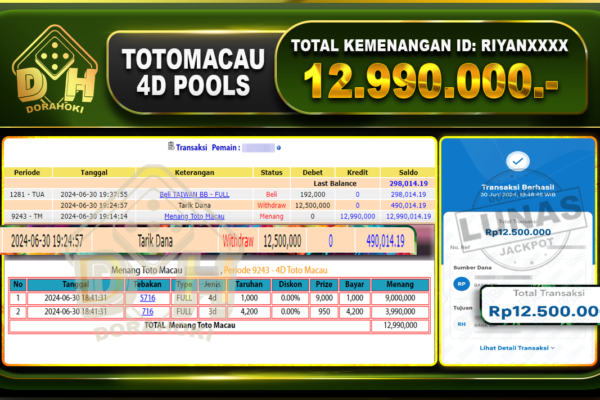 TOGEL TOTOMACAU 4D Rp.12.990.000