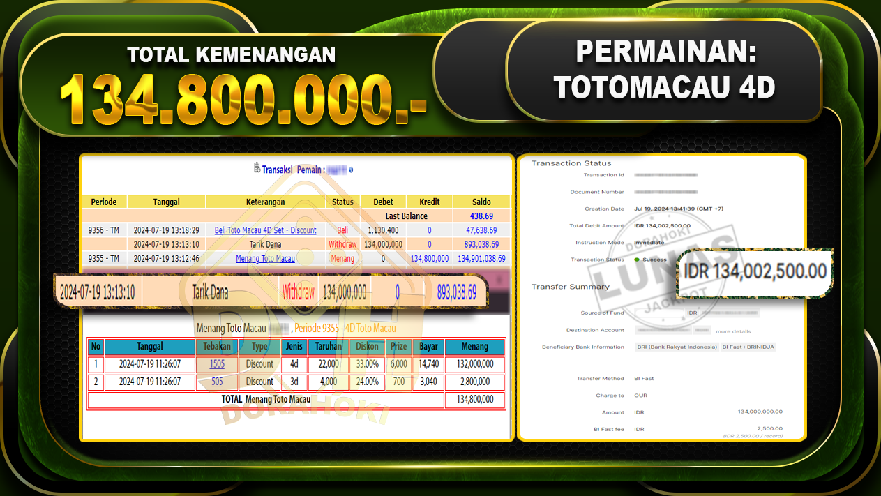 TOTOMACAU 4D Rp.134.800.000