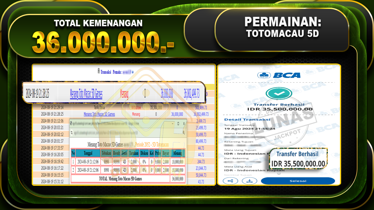 TOGEL TOTOMACAU 5D Rp.36.000.000