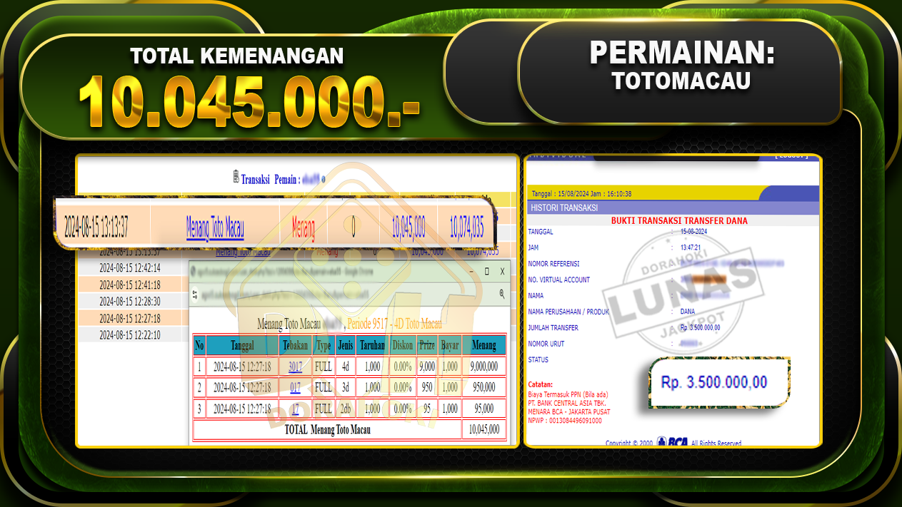 TOGEL TOTOMACAU Rp 10.045.000