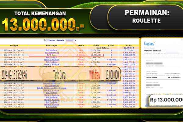 BUKTI JP Roulette Rp. 13.000.000