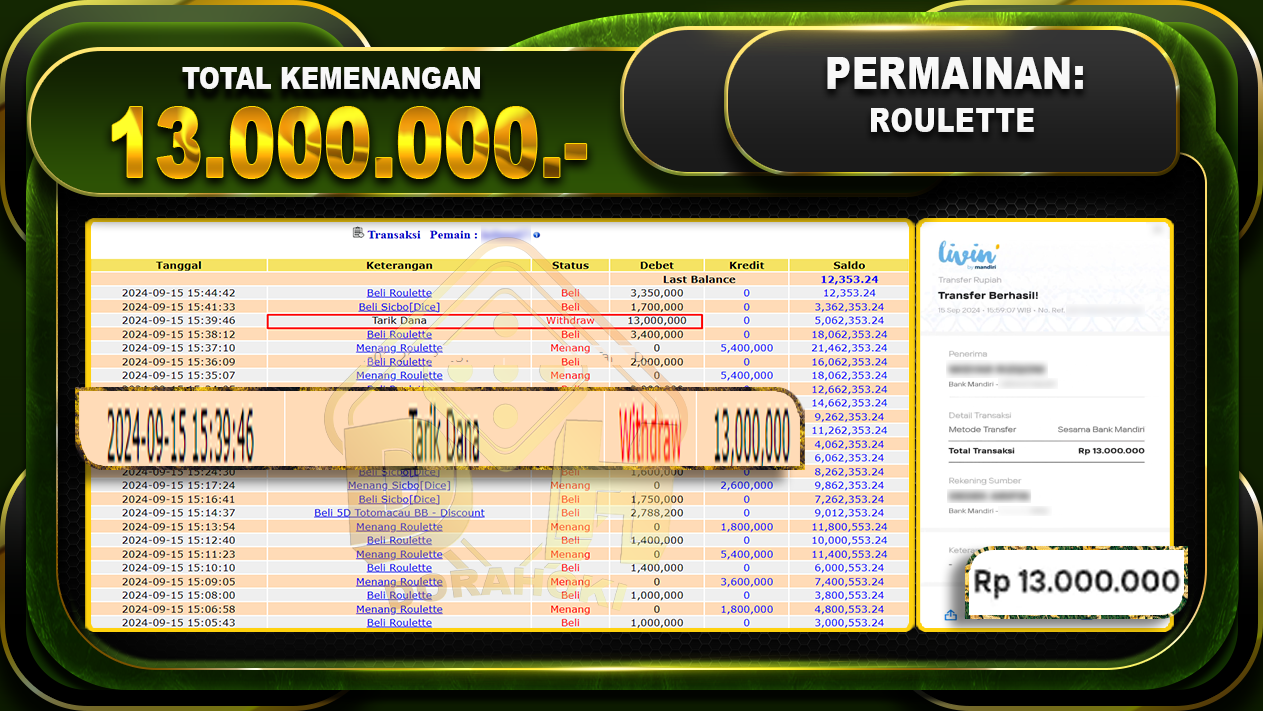 BUKTI JP Roulette Rp. 13.000.000