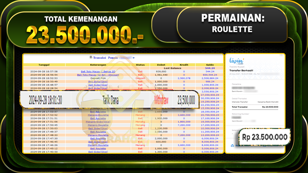 BUKTI JP LIVECASINO ROULETTE Rp.23.500.000