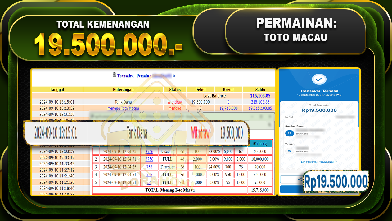 TOGEL TOTOMACAU Rp 19.500.000