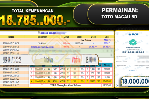 TOGEL TOTOMACAU 5D Rp. 18.785.000