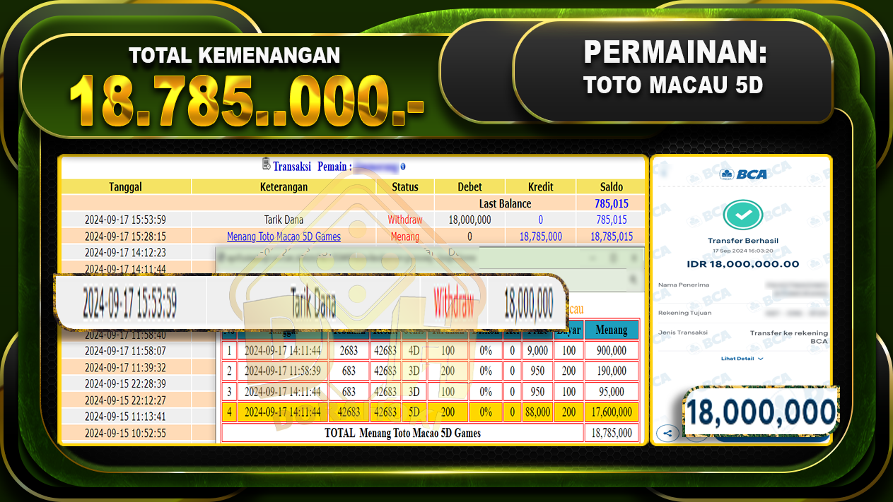 TOGEL TOTOMACAU 5D Rp. 18.785.000