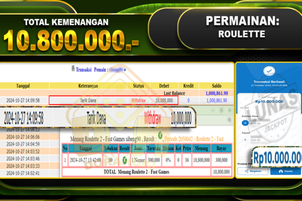 BUKTI JP LIVECASINO ROULETTE Rp.10.800.000