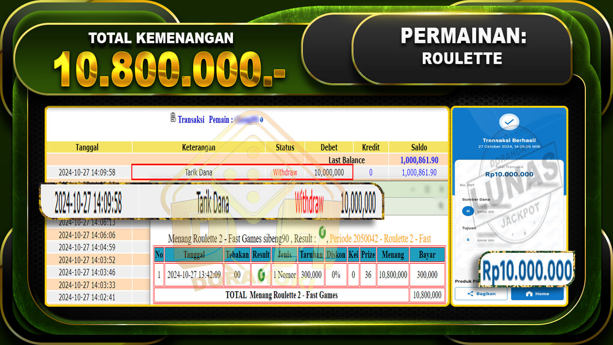 BUKTI JP LIVECASINO ROULETTE Rp.10.800.000