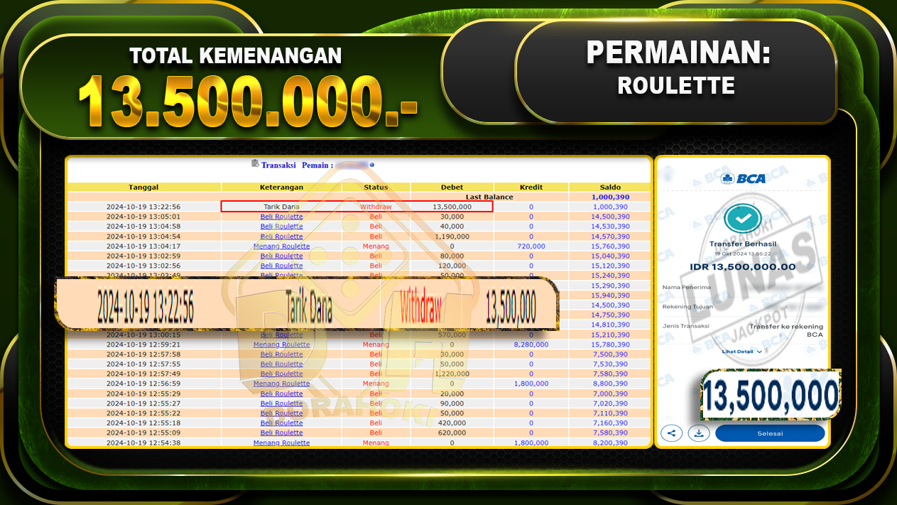 BUKTI JP LIVECASINO ROULETTE Rp.13.500.000