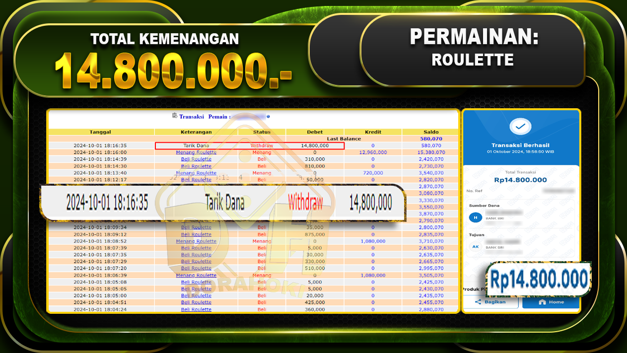 BUKTI JP LIVECASINO ROULETTE Rp.14.800.000