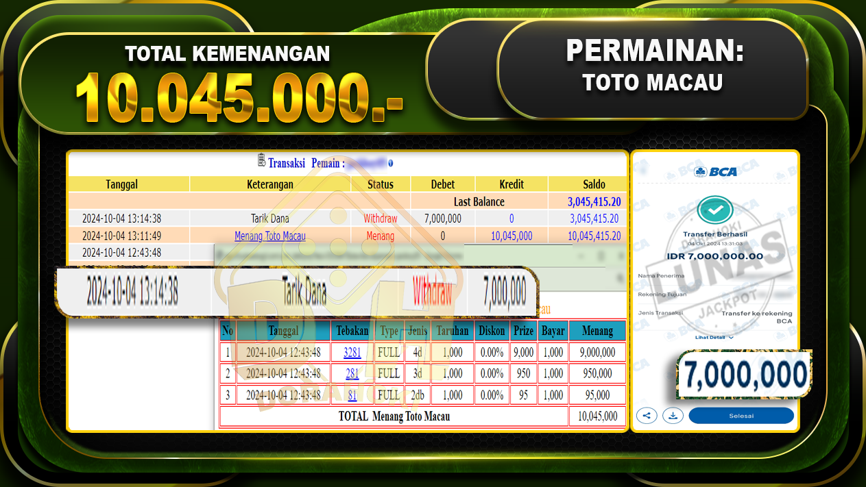 TOGEL TOTOMACAU Rp.10.045.000