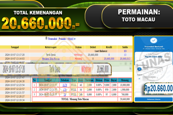 TOGEL TOTOMACAU Rp.20.660.000