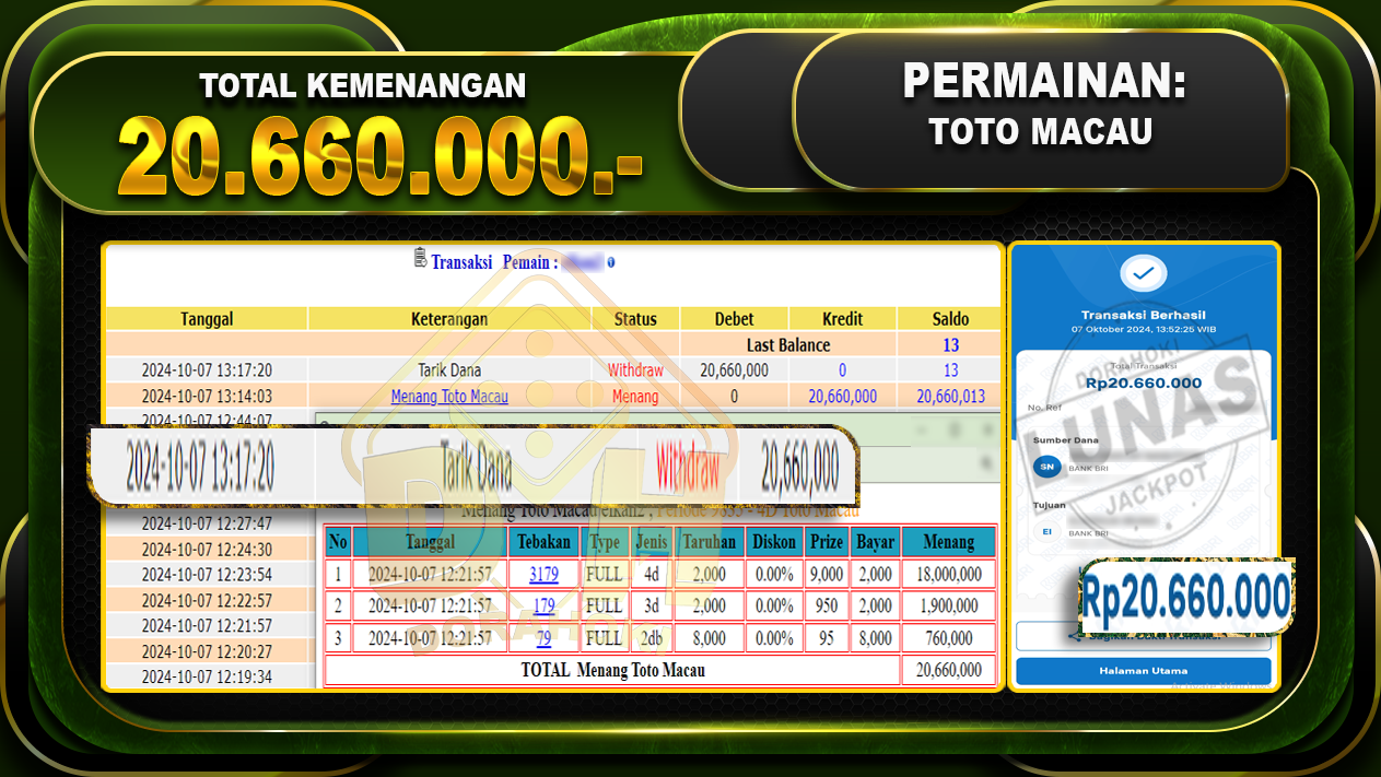 TOGEL TOTOMACAU Rp.20.660.000