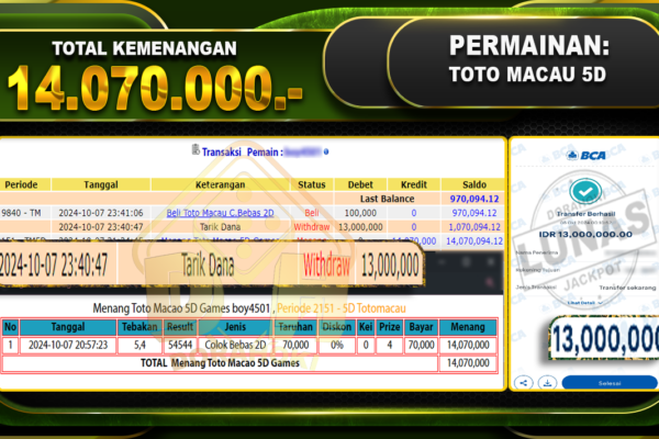 TOGEL TOTOMACAU Rp.14.070.000