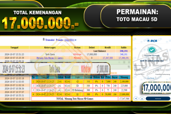 TOGEL TOTOMACAU 5D Rp.17.000.000