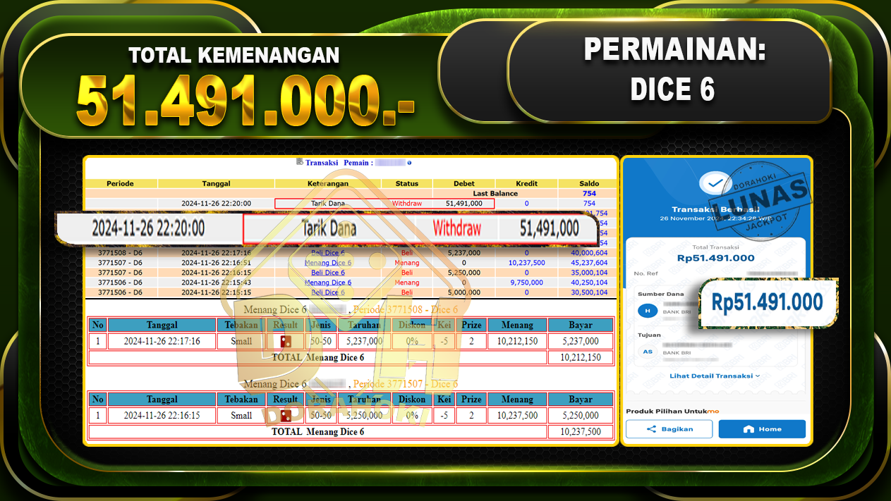 SICBO DICE 6 Rp.51.491.000