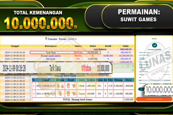 BUKTI JP SUWIT GAMES Rp.10.000.000