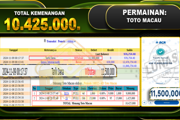 TOGEL TOTOMACAU Rp.10.425.000