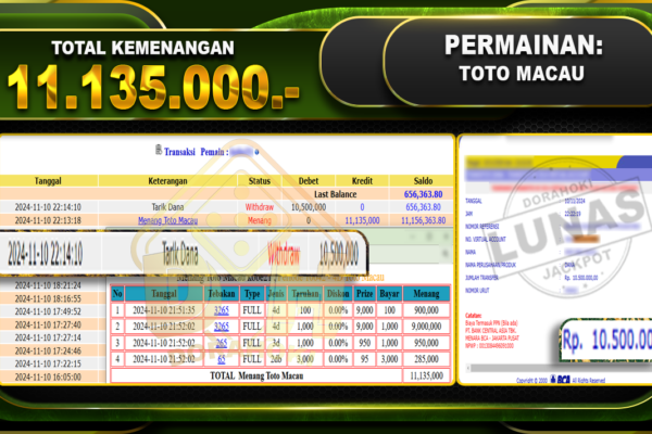 TOGEL TOTOMACAU Rp.11.135.000