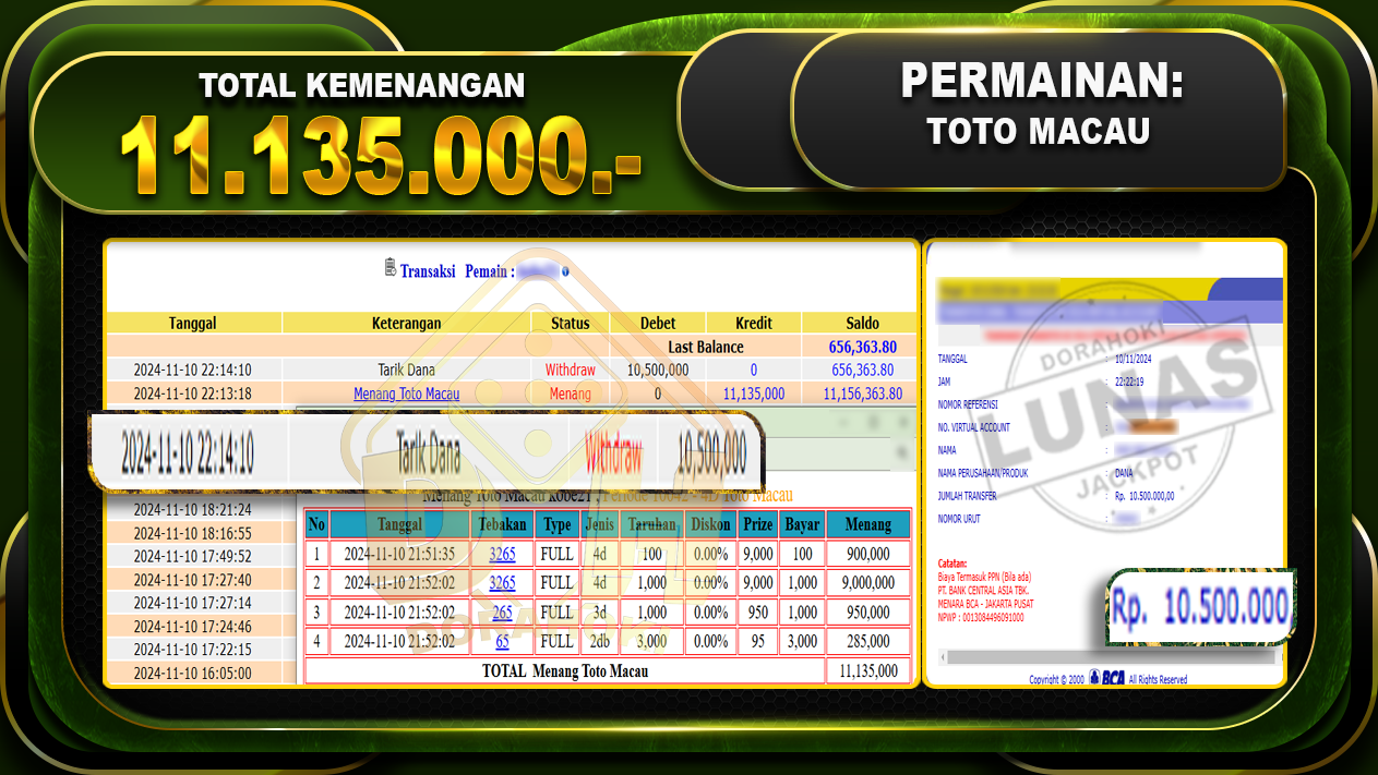 TOGEL TOTOMACAU Rp.11.135.000