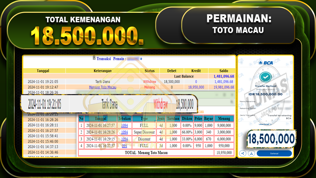 TOGEL TOTO MACAU Rp.18.500.000