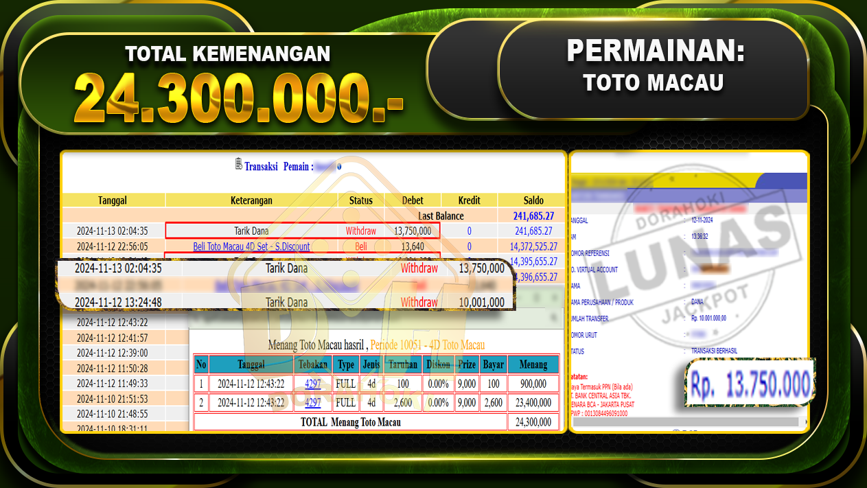 TOGEL TOTO MACAU Rp.24.300.000