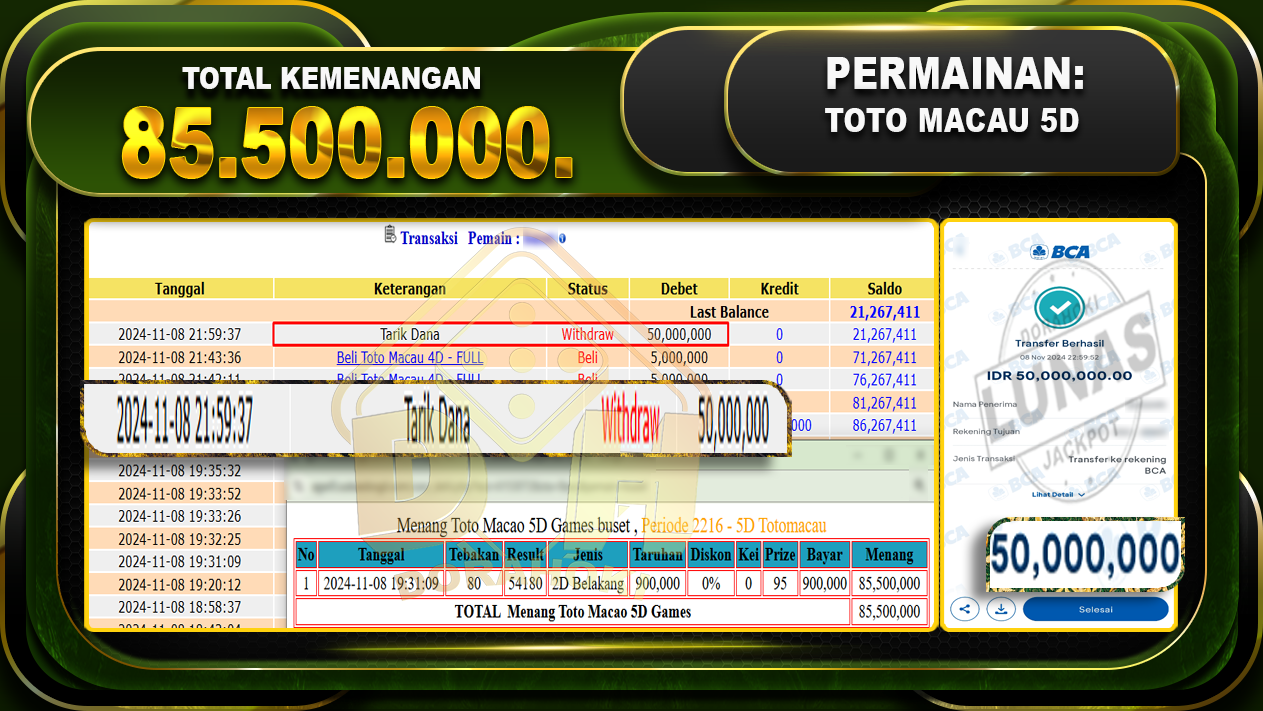 TOGEL TOTOMACAU 5D Rp.85.500.000