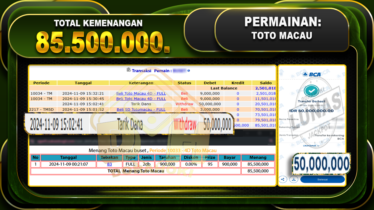 TOGEL TOTOMACAU Rp.85.500.000