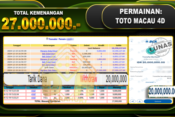 TOTO MACAU 4D RP 27.000.000