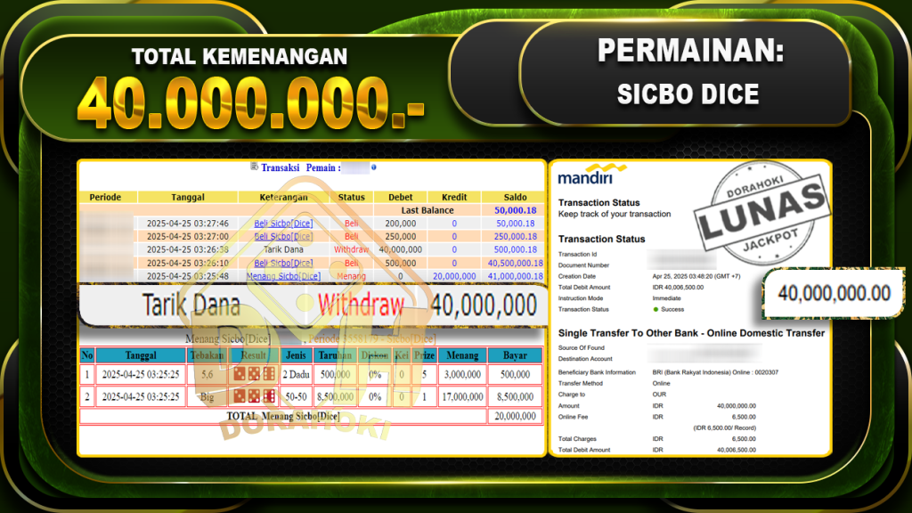 SICBO DICE – DORAHOKI 25 April 2025